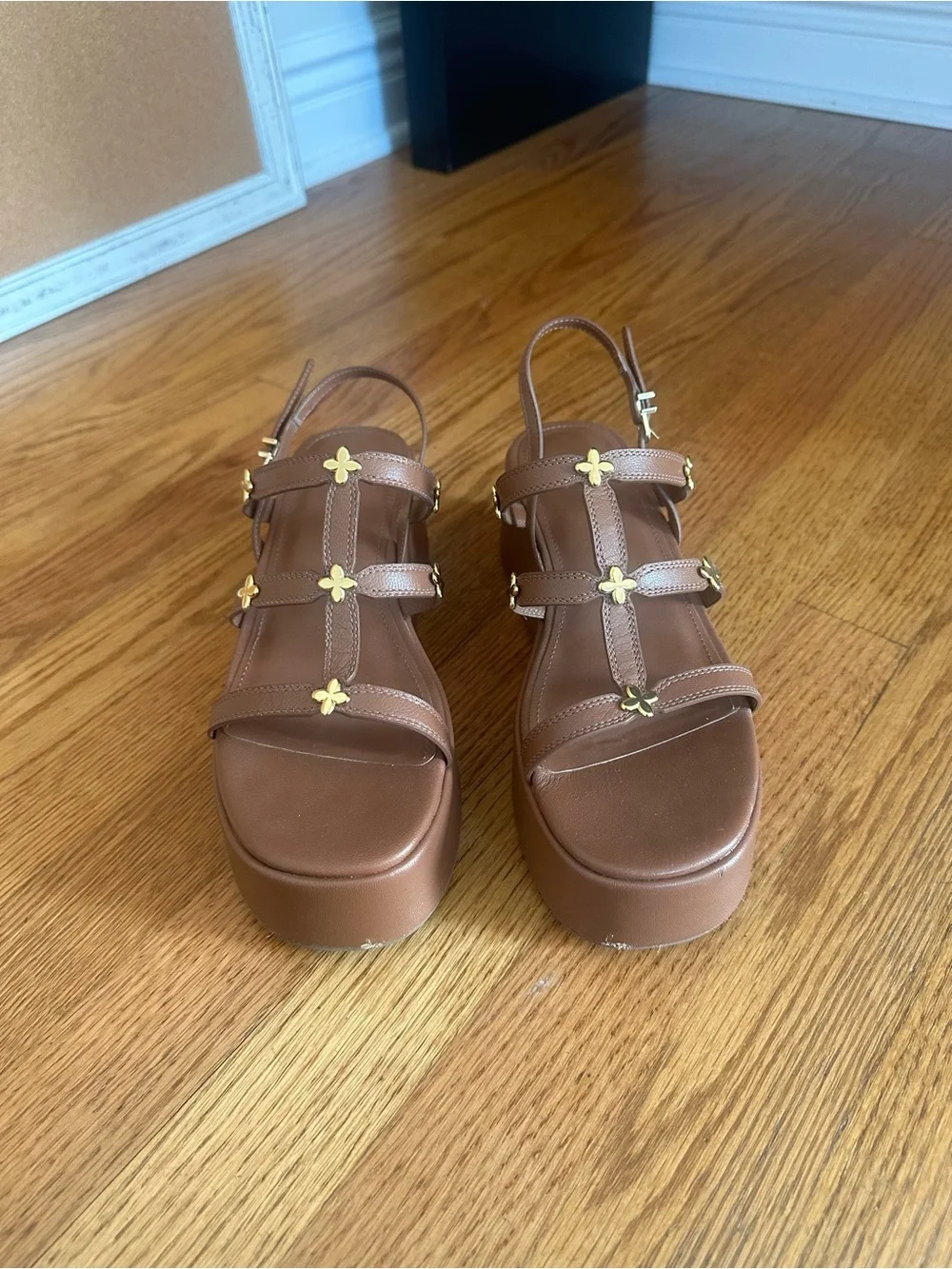 Larroude Brown Platform Slingback Sandals with Gold Flower Charms